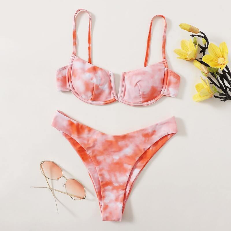 

Tie Dye High Cut Bikini Swimsuit, Coral orange