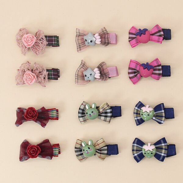 

12pcs Toddler Girls Bow Decor Hair Clip, Multicolor