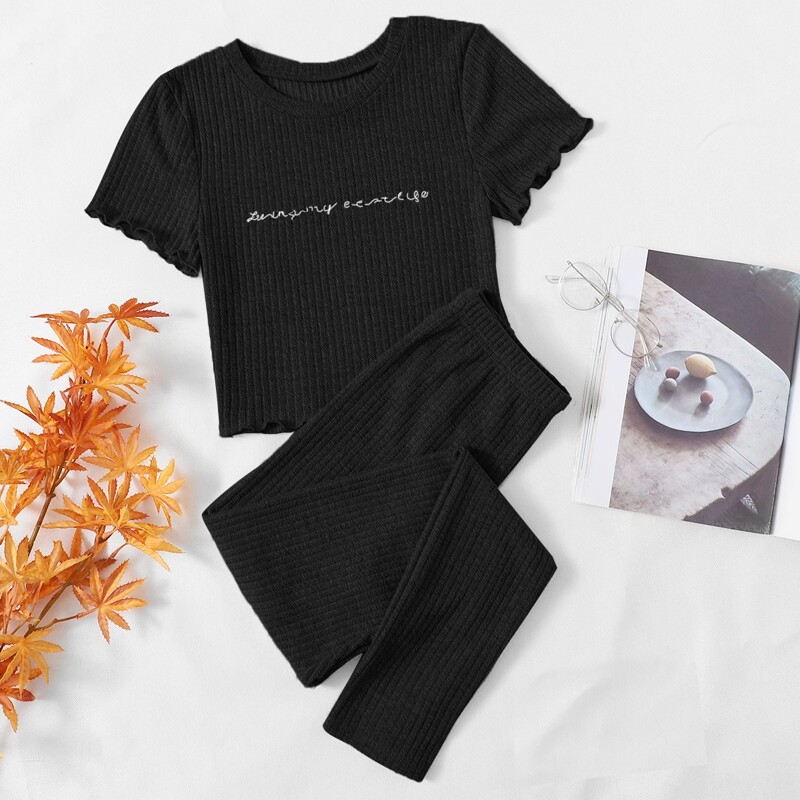 

Slogan Embroidery Lettuce Trim Rib-knit Lounge Set, Black