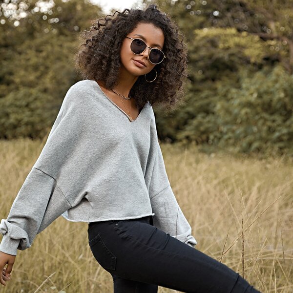 

Drop Shoulder Raw Hem Pullover, Light grey