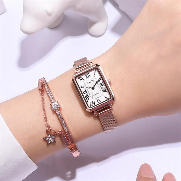 

1pc Vintage Rectangle Quartz Watch & 1pc Bracelet