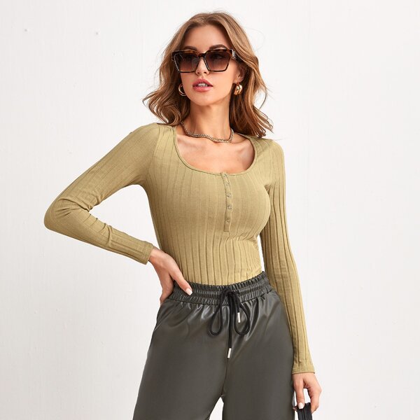 

Press Buttoned Ribbed Top, Khaki