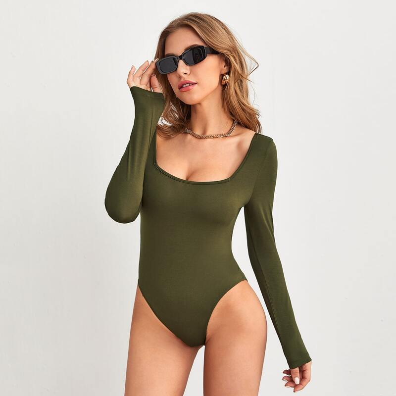 

Square Neck Fitted Bodysuit, Army green