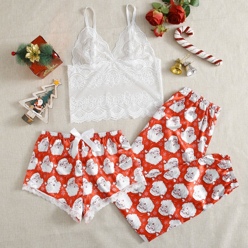 

3pack Christmas Satan Claus Print Lingerie Set, Red and white