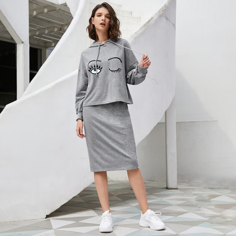 

Eye Print Drop Shoulder Hoodie and Skirt Set, Grey