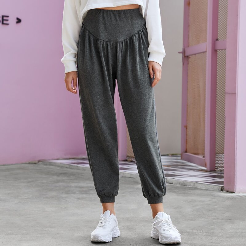 

Wide Waistband Fold Pleated Solid Joggers, Dark grey