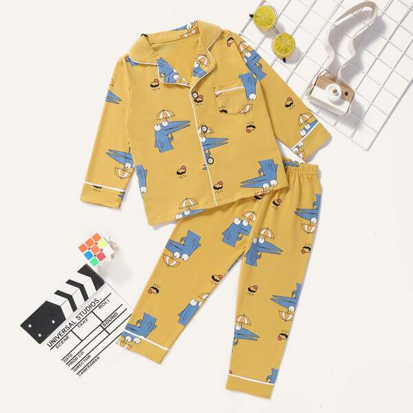 

Toddler Boys Lapel Collar Cartoon Graphic PJ Set, Yellow