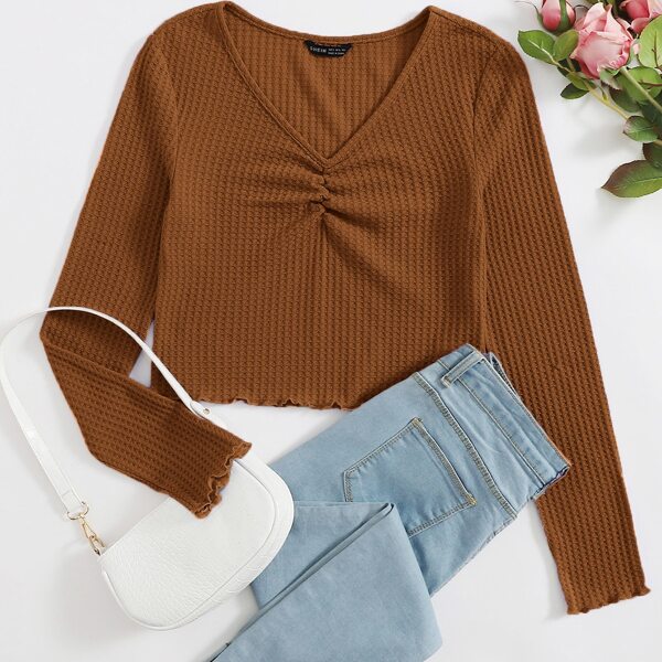 

Ruched Detail Lettuce Trim Crop Top, Brown