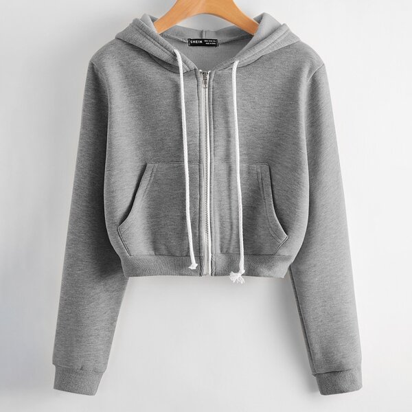 

Kangaroo Pocket Zip Up Drawstring Hoodie, Grey