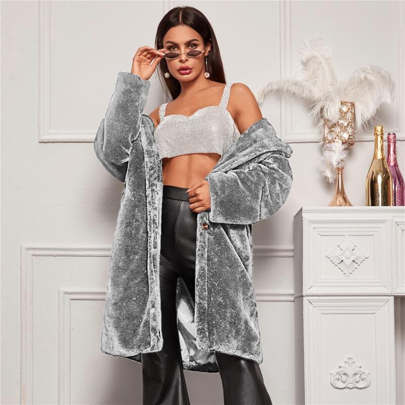 

Lapel Collar Single Breasted Teddy Coat, Grey