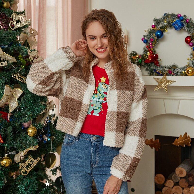 

Christmas Zip Up Plaid Jacket, Multicolor