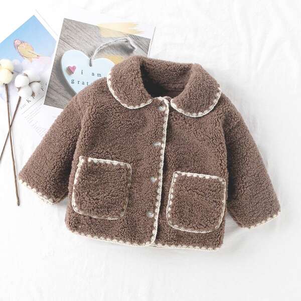 

Toddler Girls Contrast Binding Dual Pockets Teddy Coat, Chocolate brown