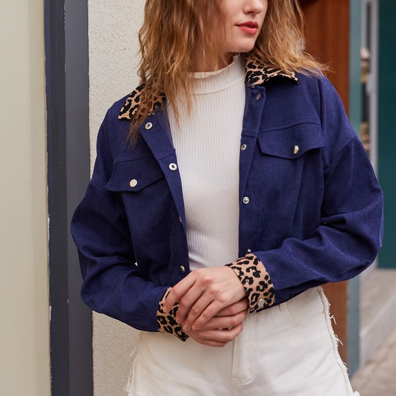 

Contrast Leopard Button Front Jacket, Navy blue