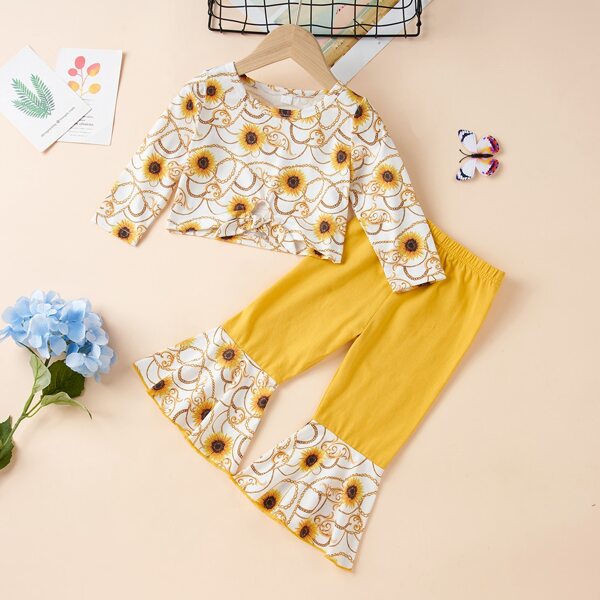 

Baby Girl Sunflower And Chain Print Tee & Flare Leg Pants, Multicolor