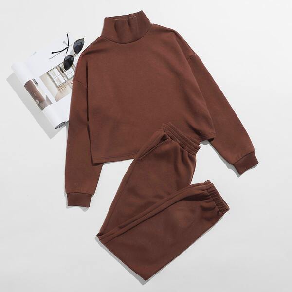 

Mock Neck Drop Shoulder Top & Slant Pocket Joggers Set, Coffee brown