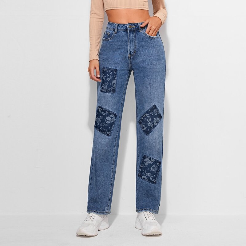 

High Waist Floral Patch Straight Jeans, Medium wash