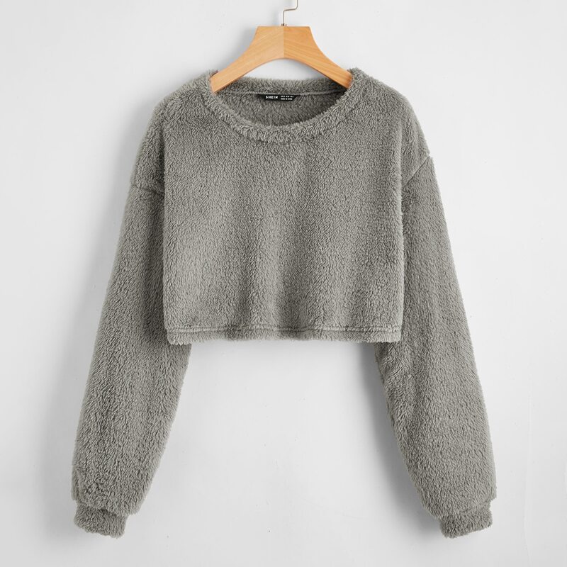 

Drop Shoulder Teddy Pullover, Grey
