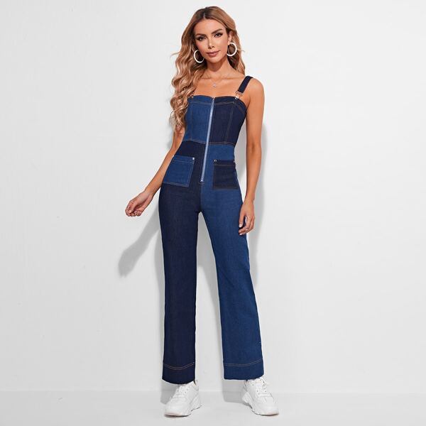 

Zip Up Patch Pocket Spliced Denim Jumpsuit, Medium wash