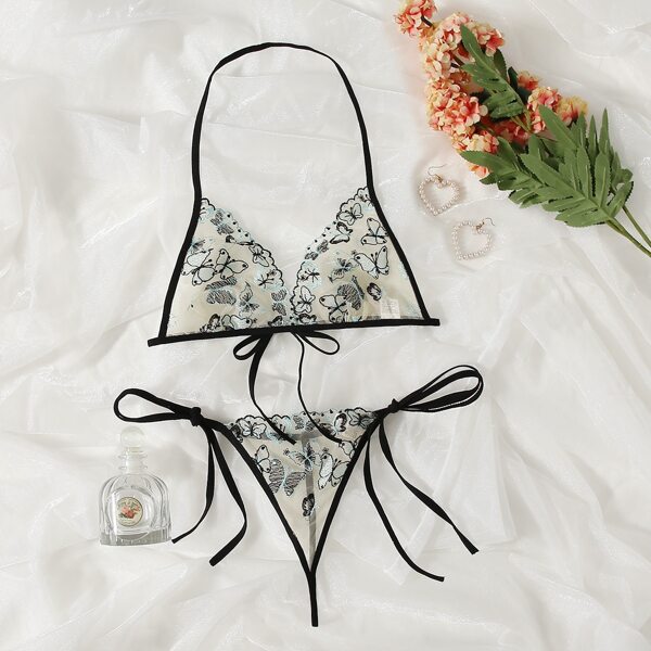 

Butterfly Embroidered Mesh Triangle Lingerie Set, Multicolor