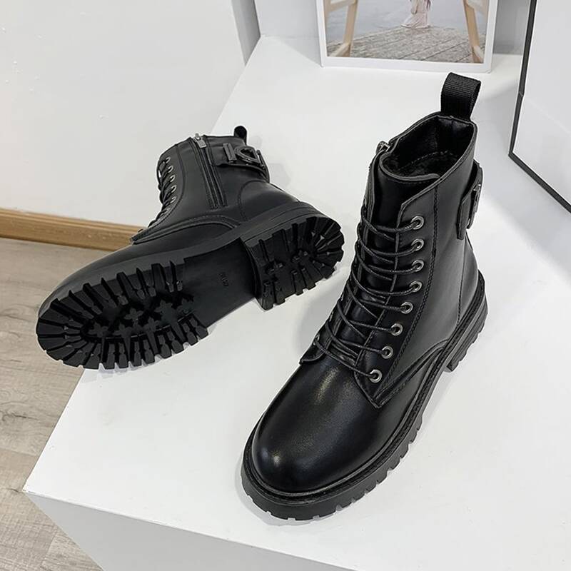 

Letter Back Lug Sole Combat Boots, Black