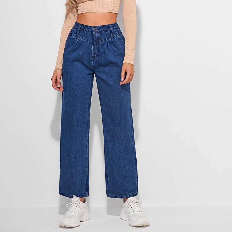 

High Waist Fold Pleat Straight Jeans, Medium wash