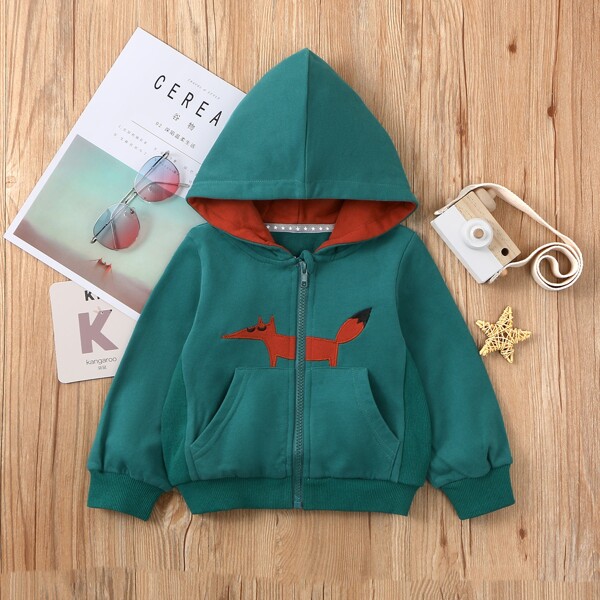 

Toddler Boys Cartoon Embroidery Zip Up Hoodie, Green