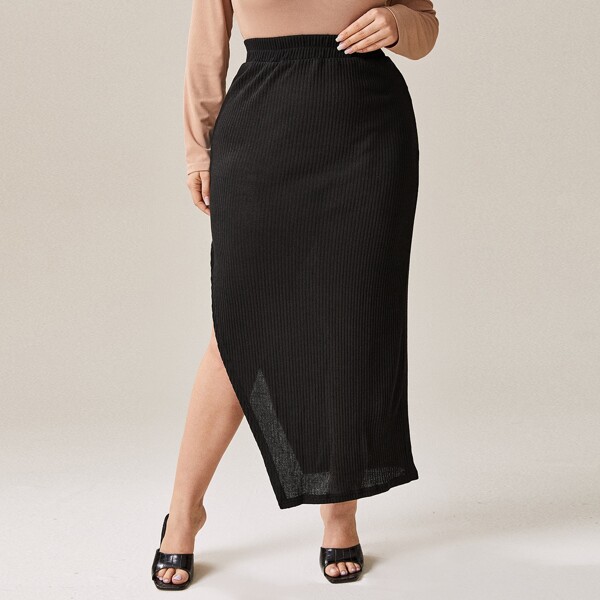 

Plus Slit Hem Straight Skirt, Black