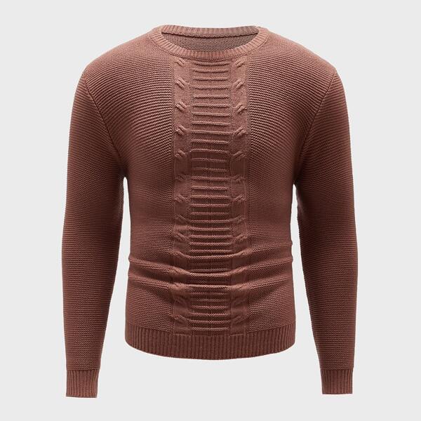 

Men Cable Knit Crew Neck Sweater, Rust brown