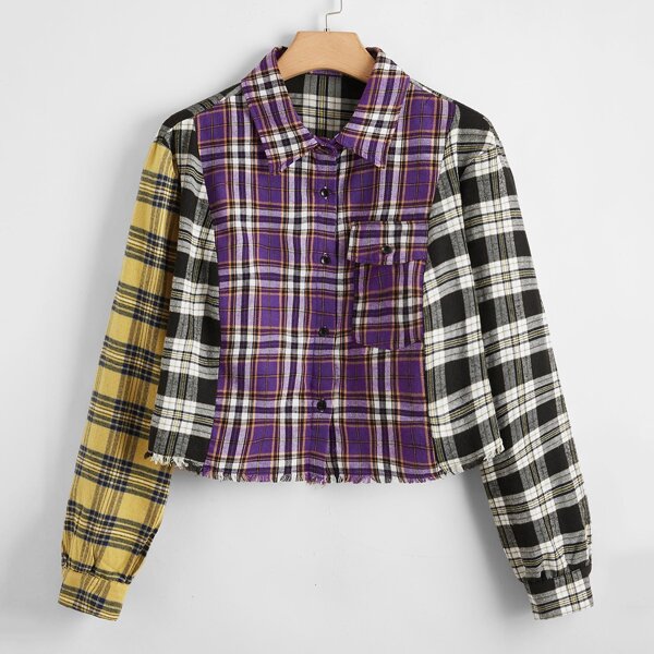 

Plus Colorblock Tartan Flap Pocket Blouse, Multicolor
