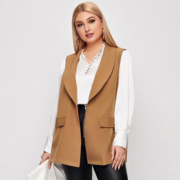 

Plus Shawl Collar Flap Detail Vest Blazer, Camel