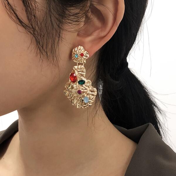 

Rhinestone Decor Irregular Metal Earrings, Gold