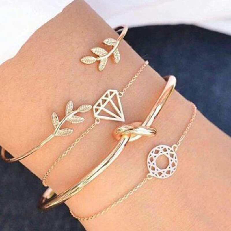 

4pcs Leaf & Geo Bracelet, Gold
