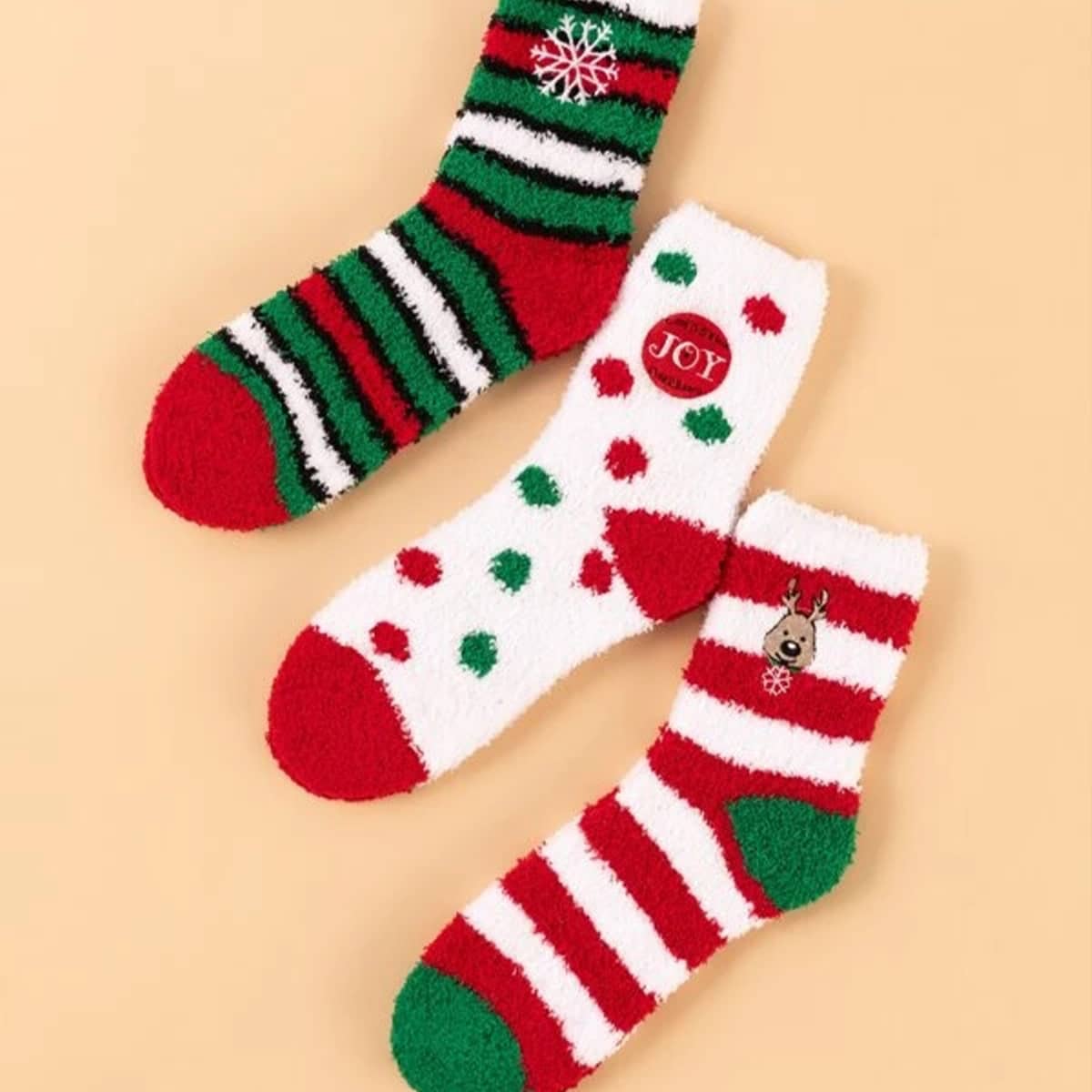 

3pairs Christmas Fuzzy Crew Socks, Multicolor
