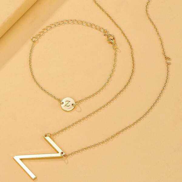 

2pcs Letter Decor Necklace & Bracelet, Gold