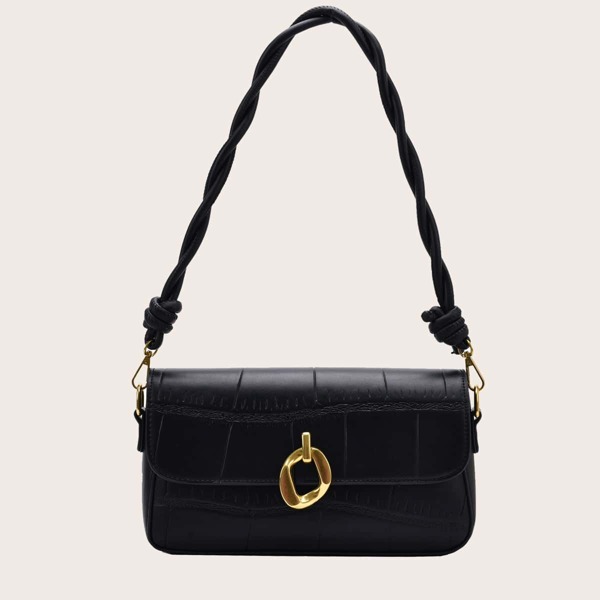 

Croc Embossed Flap Baguette Bag, Black