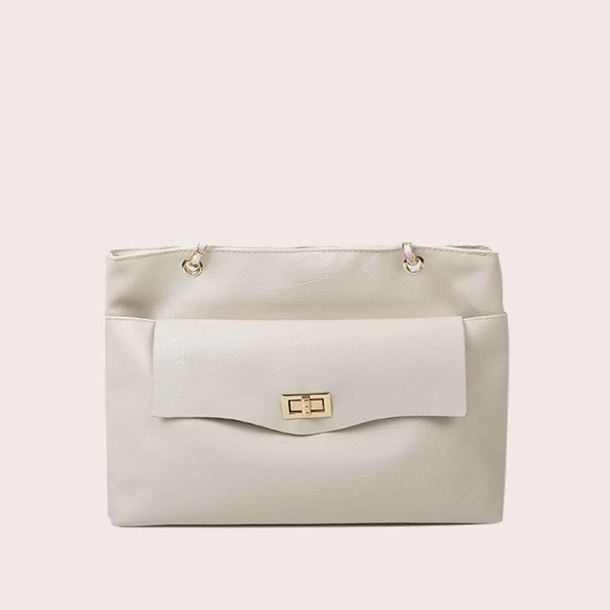 

Solid Twist Lock Tote Bag, Beige