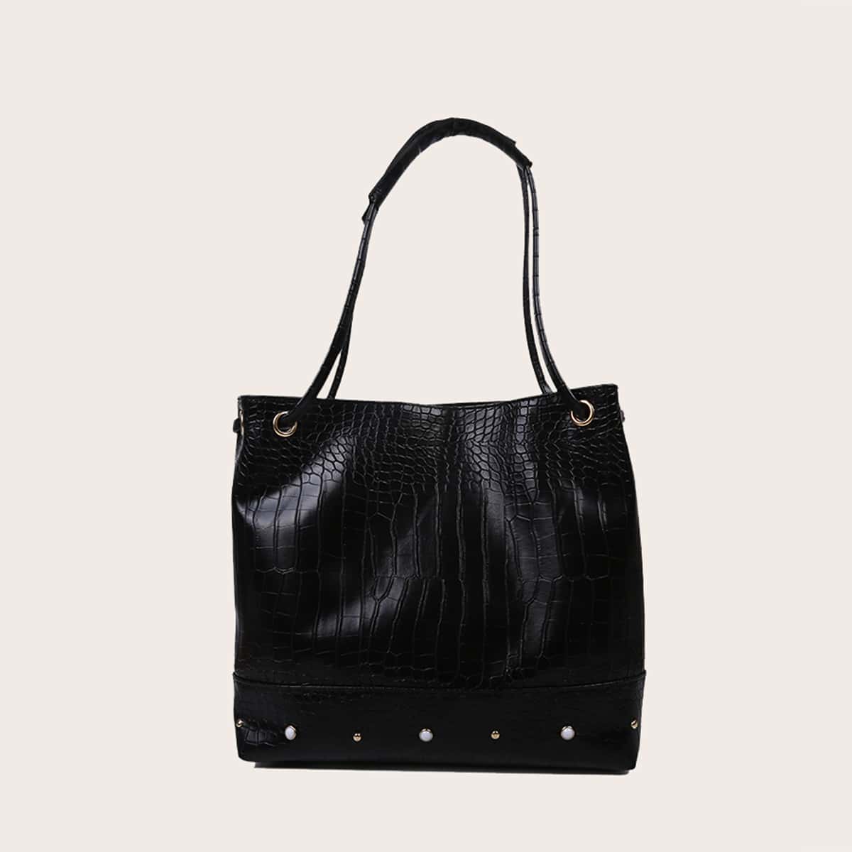 

Studded Croc Embossed Tote Bag, Black
