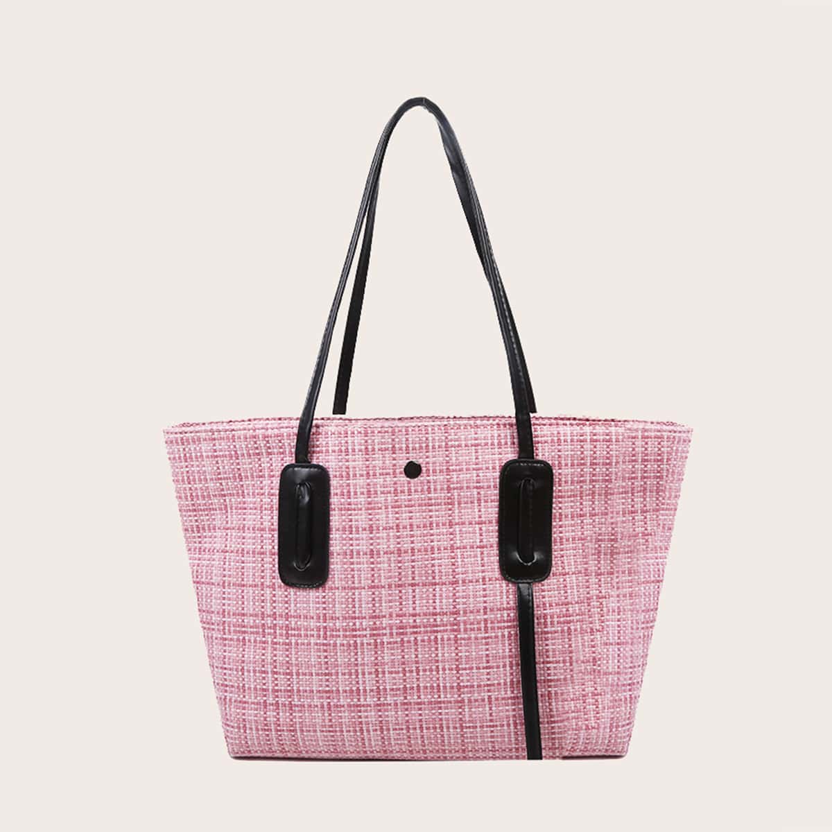 

Woven Plaid Tote Bag, Baby pink