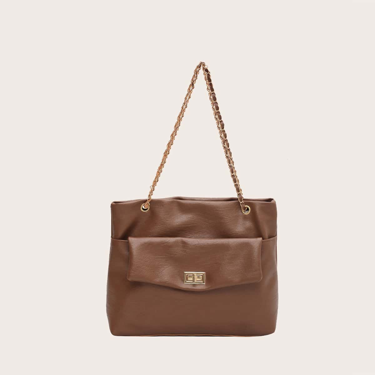 

Solid Twist Lock Tote Bag, Coffee brown