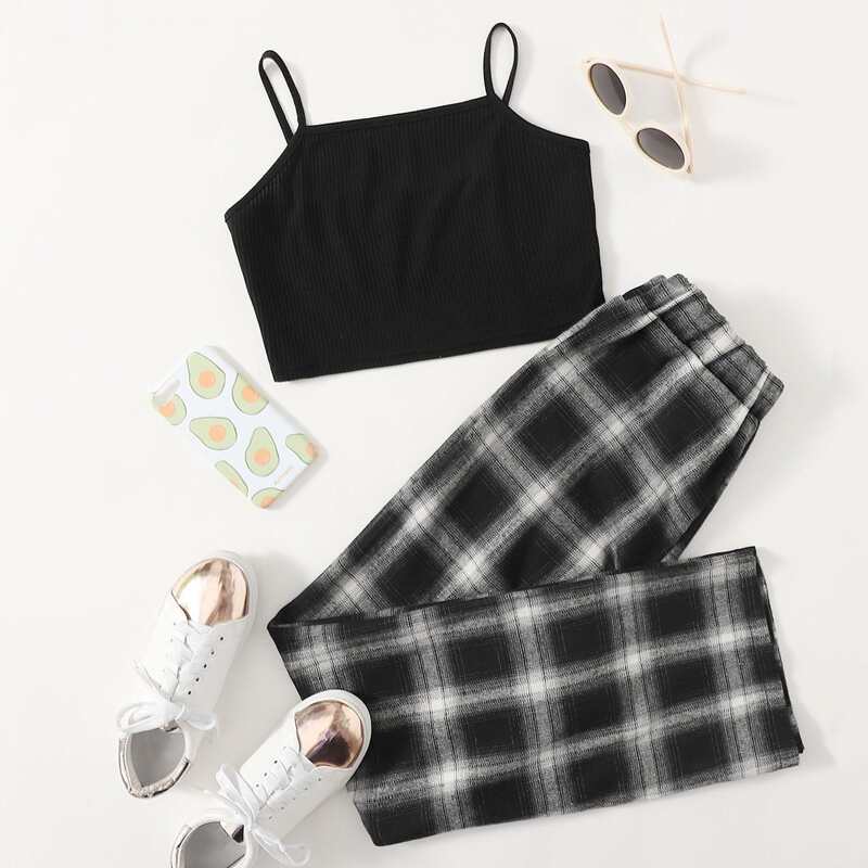 

Solid Cami Top & Plaid Pants, Multicolor