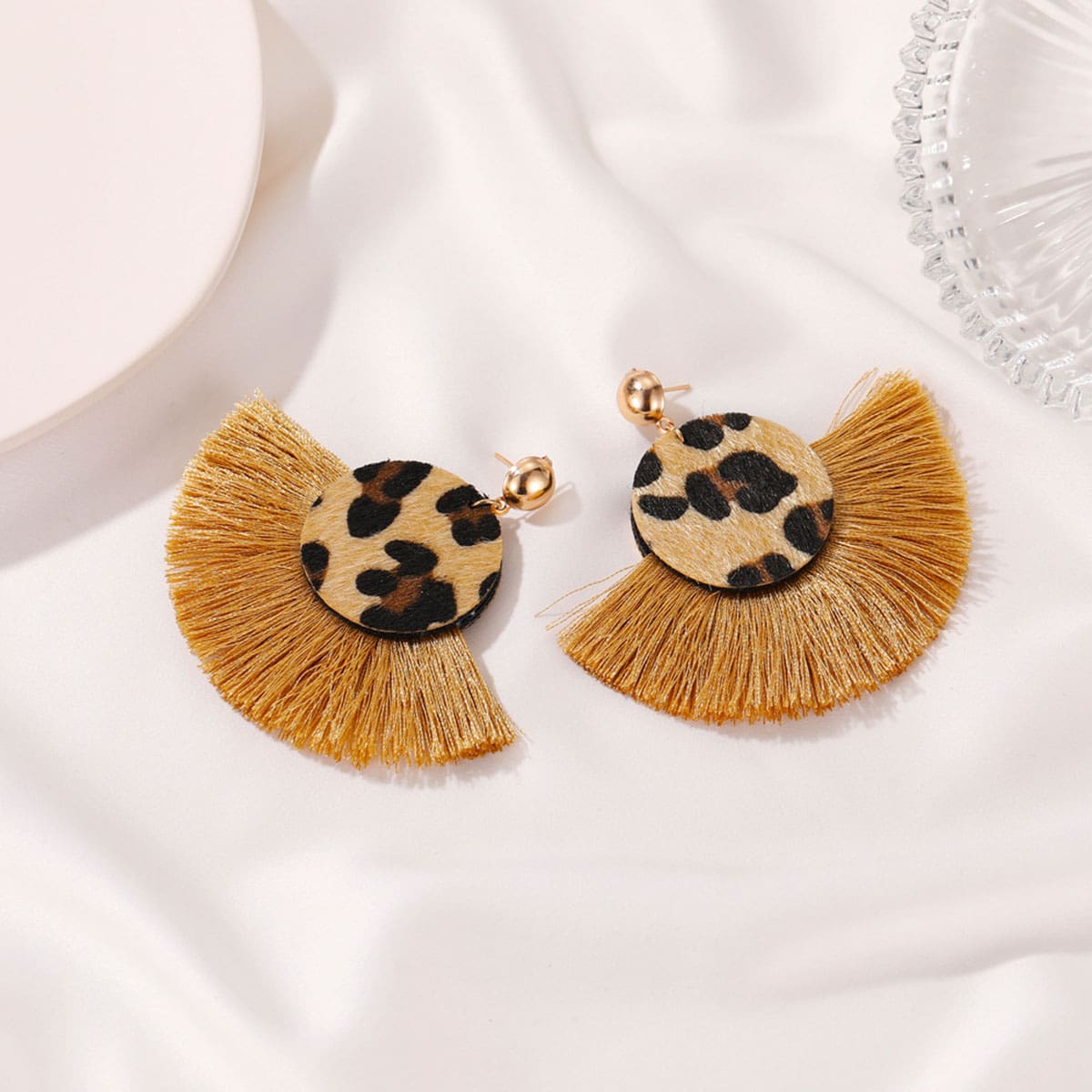 

Leopard Fringe Fan Earrings, Khaki