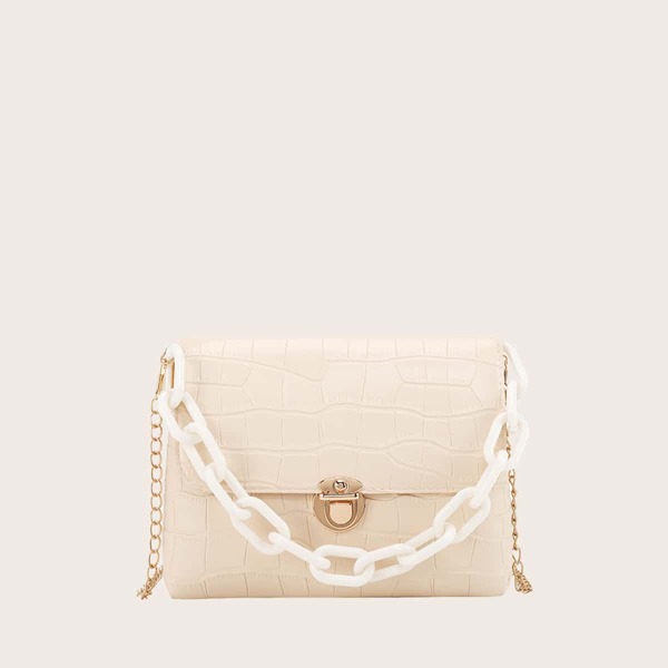 

Croc Embossed Push Lock Satchel Bag, Beige