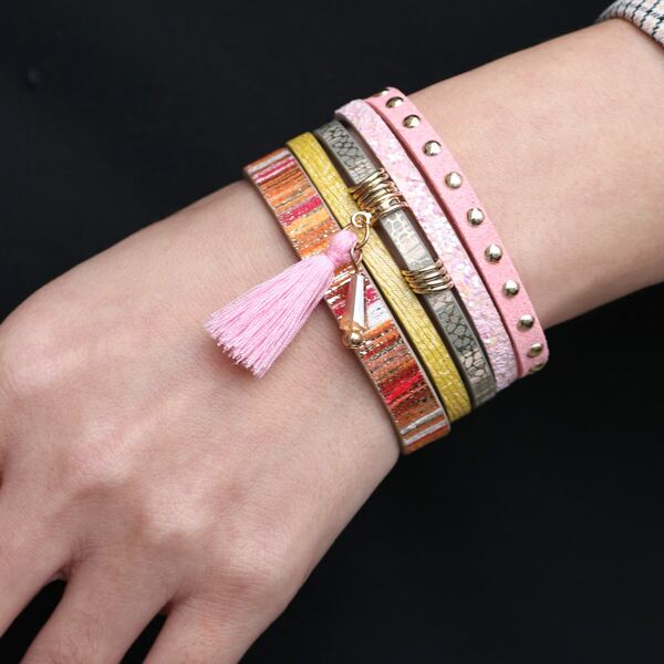 

Tassel Charm Wide Bracelet, Pink