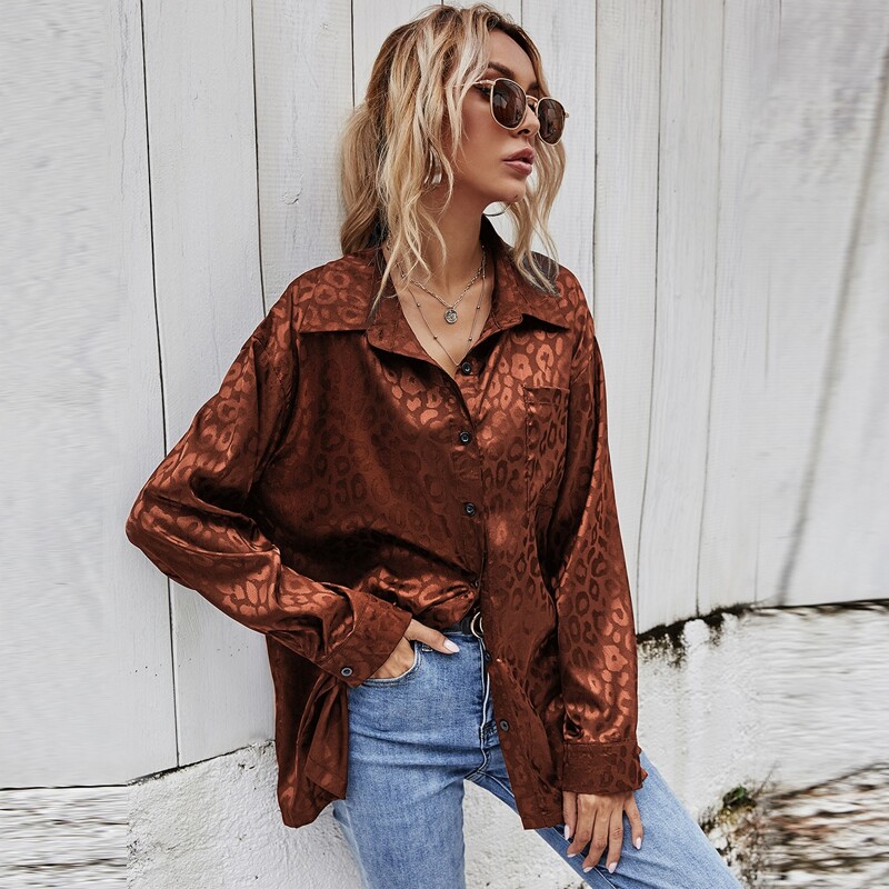 

Leopard Pattern Button Through Satin Blouse, Rust brown