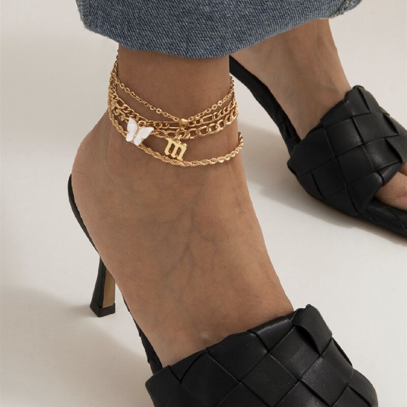 

4pcs Butterfly & Letter Chain Anklet, Gold