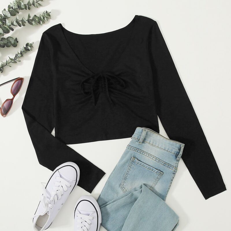 

Drawstring Front Crop Top, Black