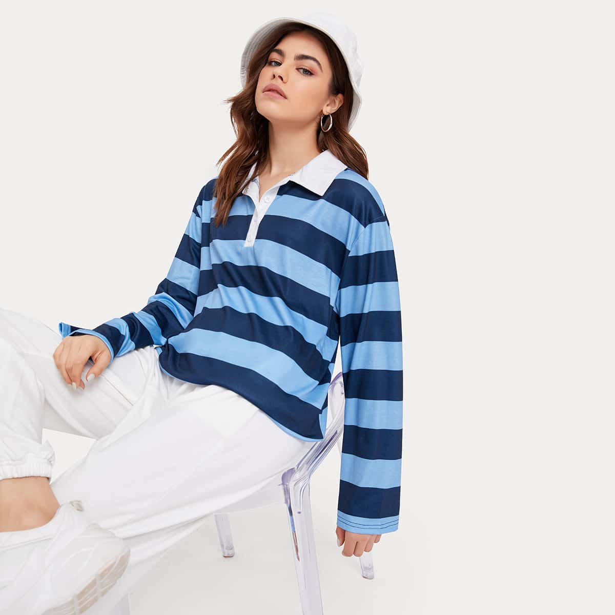 

Polo Neck Striped Tee, Blue
