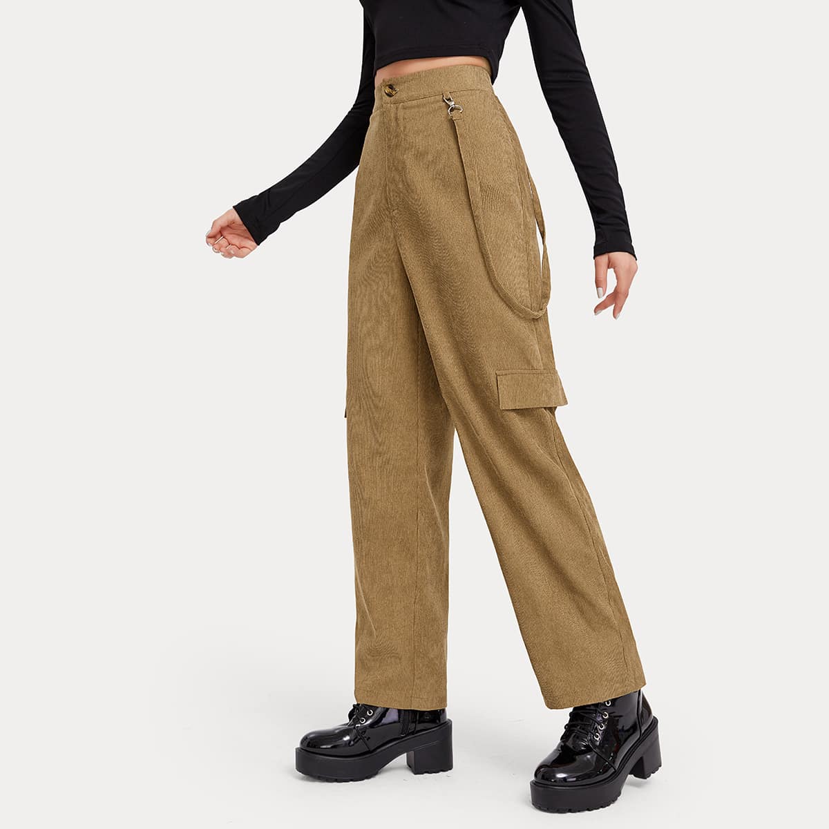 

Strap Side Straight Leg Corduroy Pants, Khaki