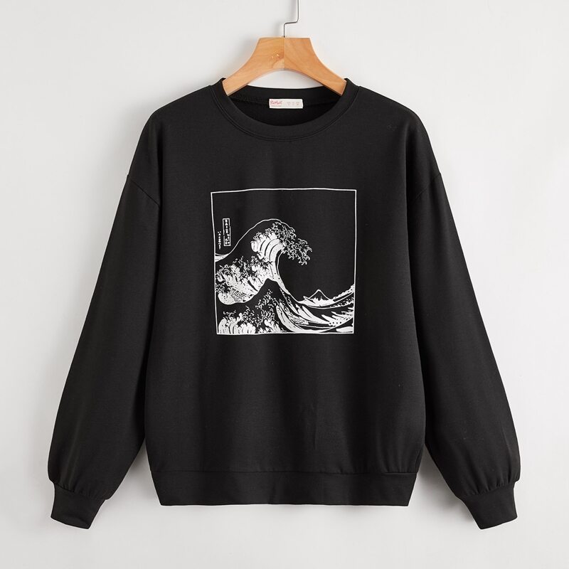 

Wave Graphic Drop Shoulder Sweatshirt, Black