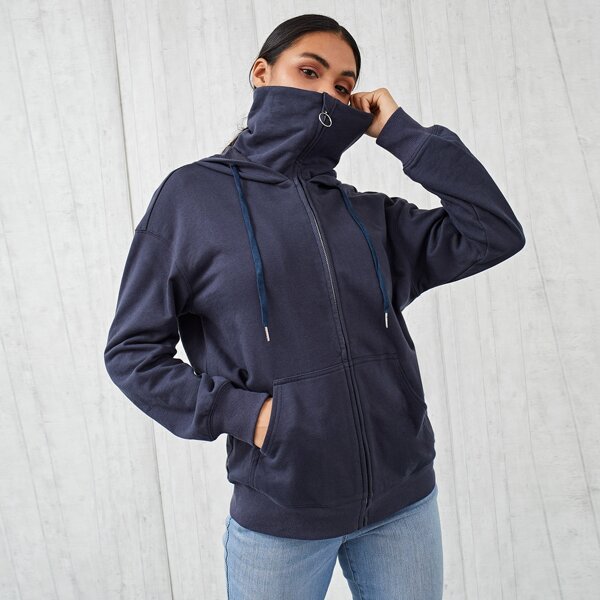 

Pocket Front Zip Up Hoodie With Neck Gaiter, Navy blue